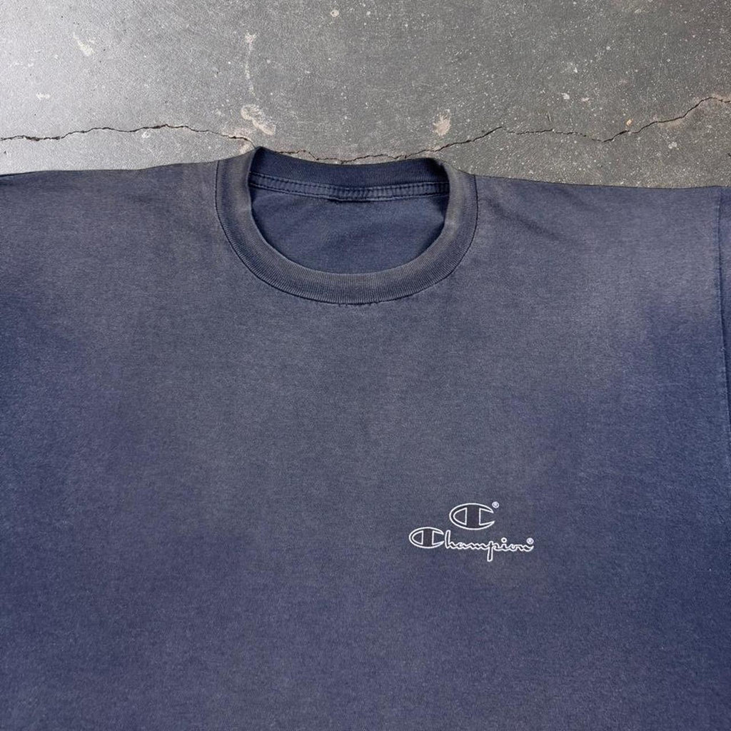 1990s Champion Script Logo Faded Black Tee | Large