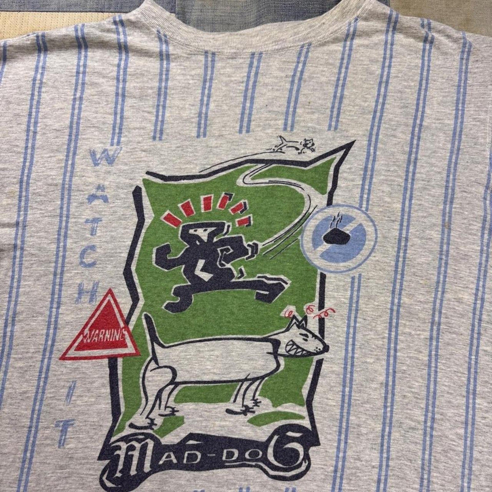 1990s Mad Dog Watch It Striped Graphic Tee | Large