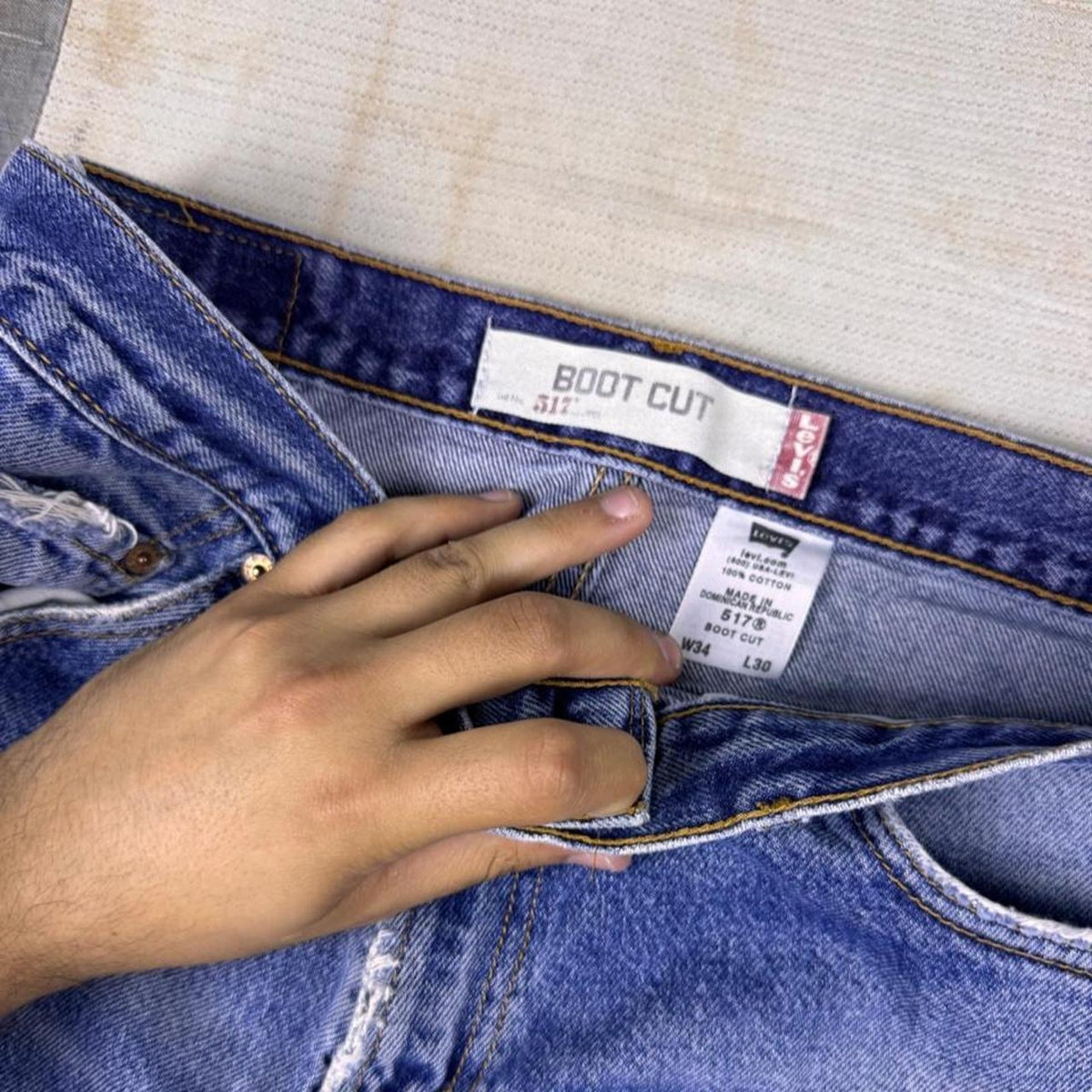 2000s Levi's 517 Boot Cut Distressed Faded Blue Denim Jeans Made in Dominican Republic | 32 x 28.5