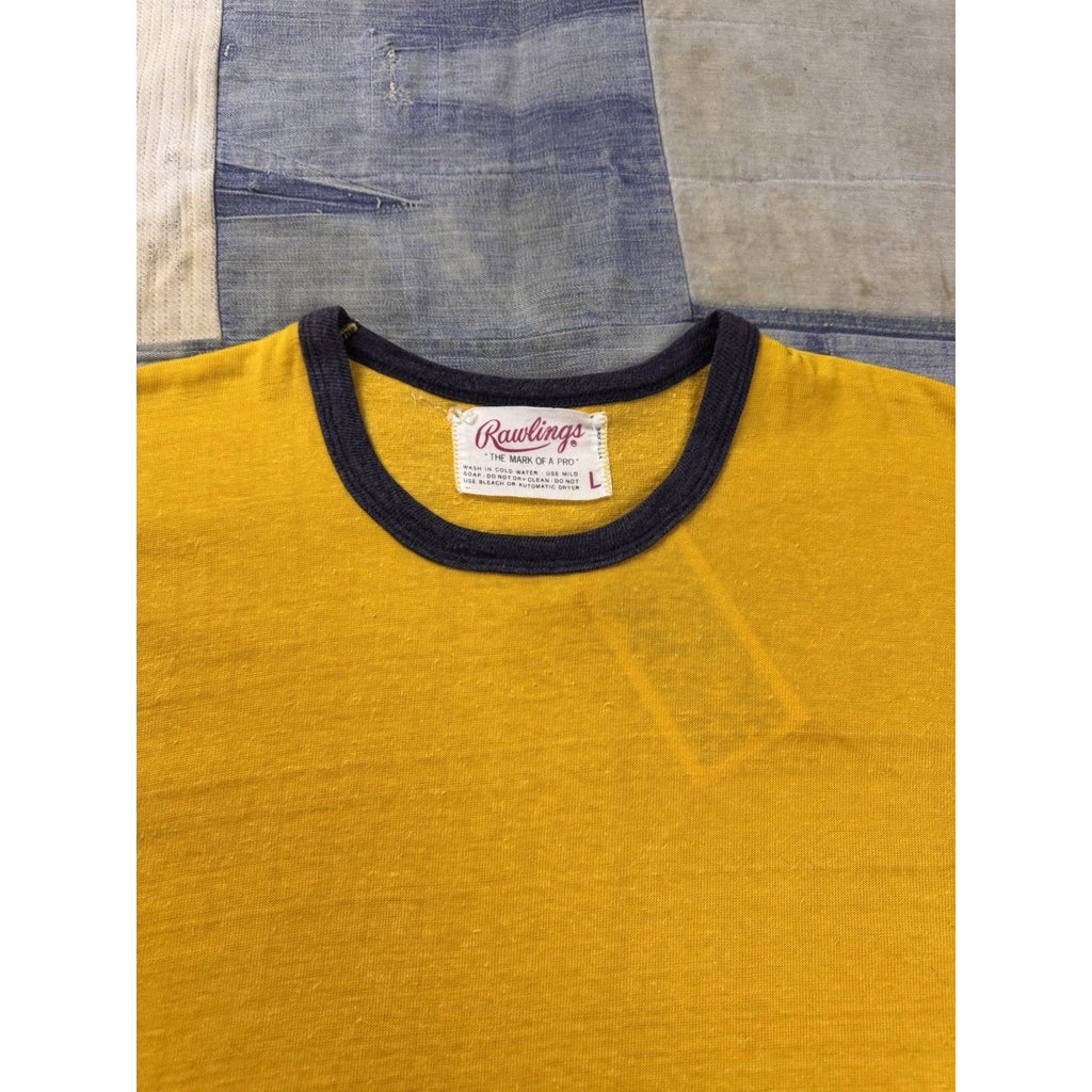 Rawlings Ringer T Shirt Vintage 70s Yellow Navy Made USA Single Stitch Large