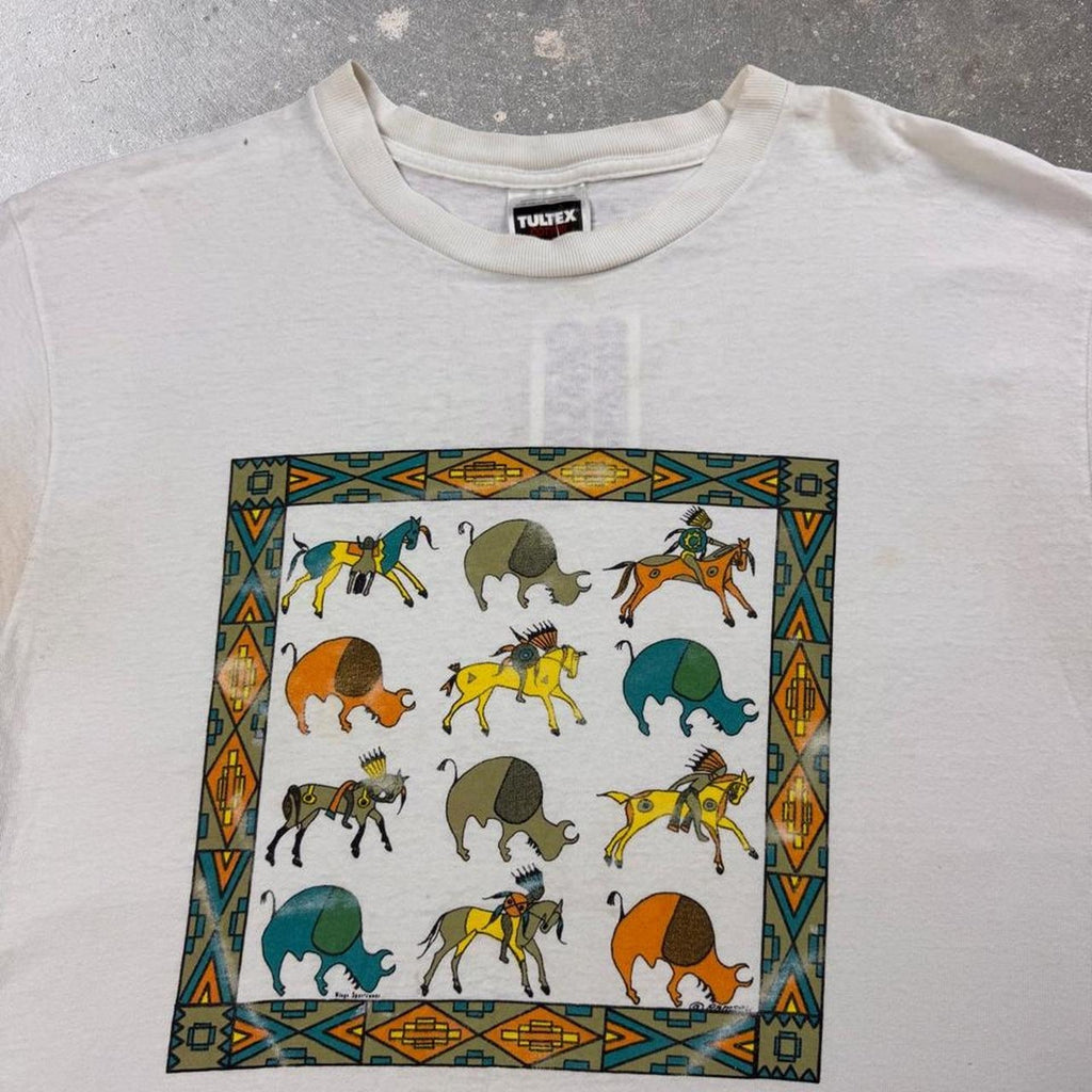 1990s Native American Buffalo and Horse Ledger Art Tee | Large