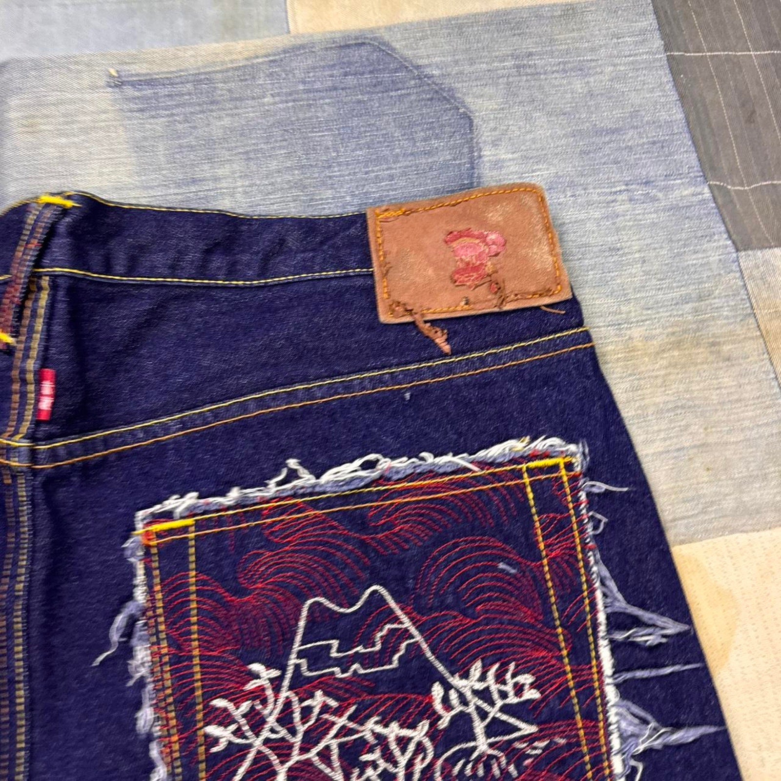 2000s Embroidered Baggy Red Monkey Jeans | 37x35