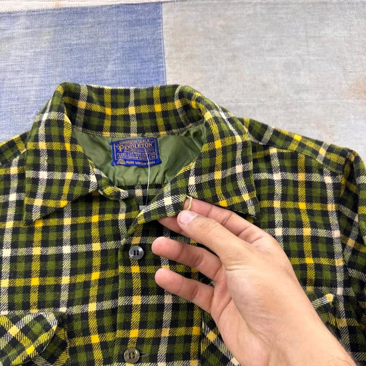 1960s Pendleton Green Yellow Plaid Wool Loop Collar Shirt | Medium