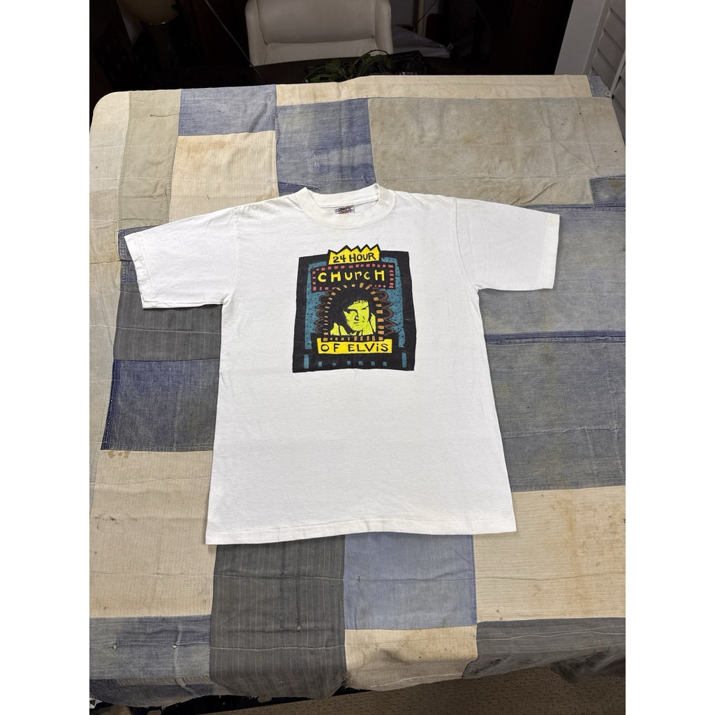 Vintage 90s 24 Hour Church Of Elvis Graphic T Shirt Oneita USA Large White