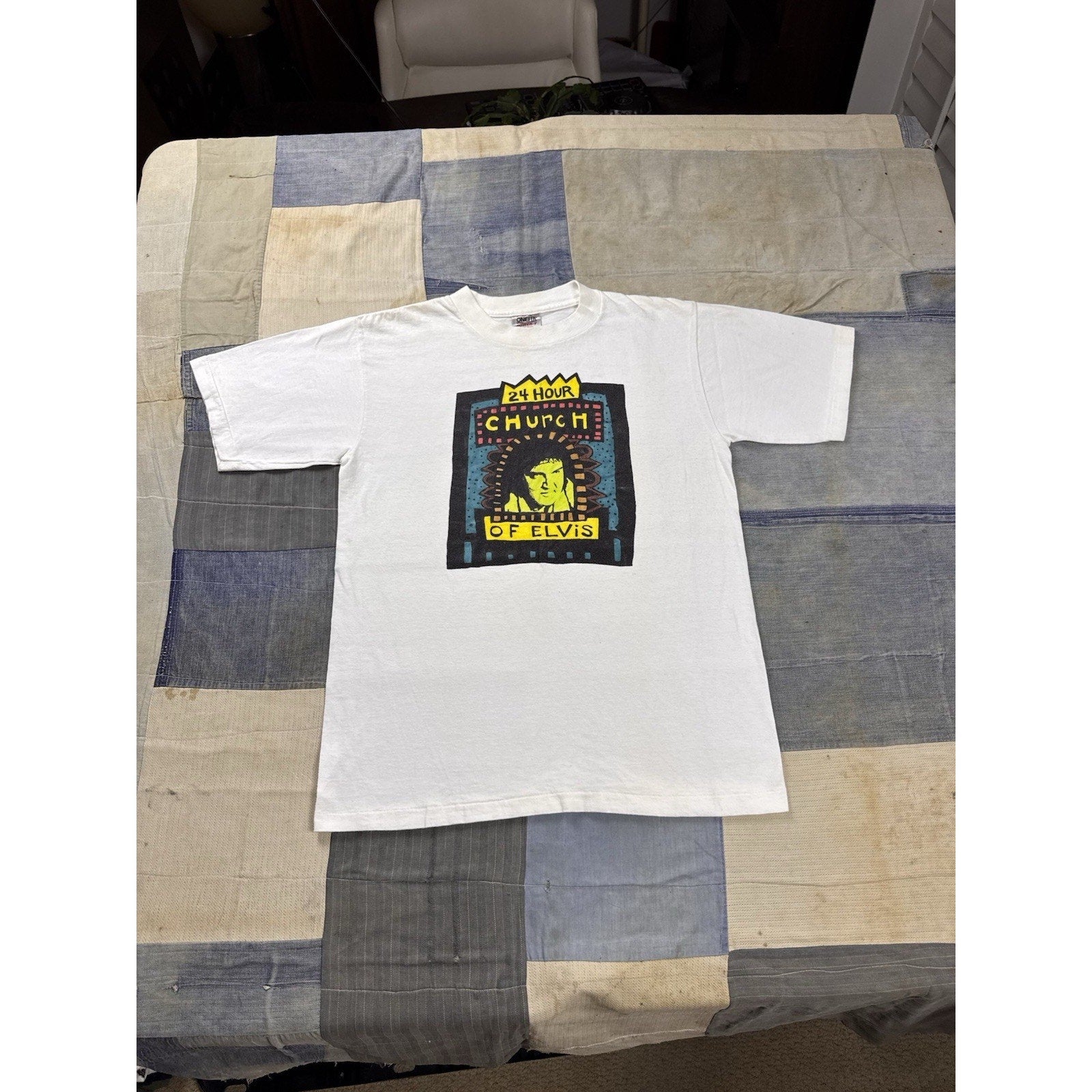 Vintage 90s 24 Hour Church Of Elvis Graphic T Shirt Oneita USA Large White