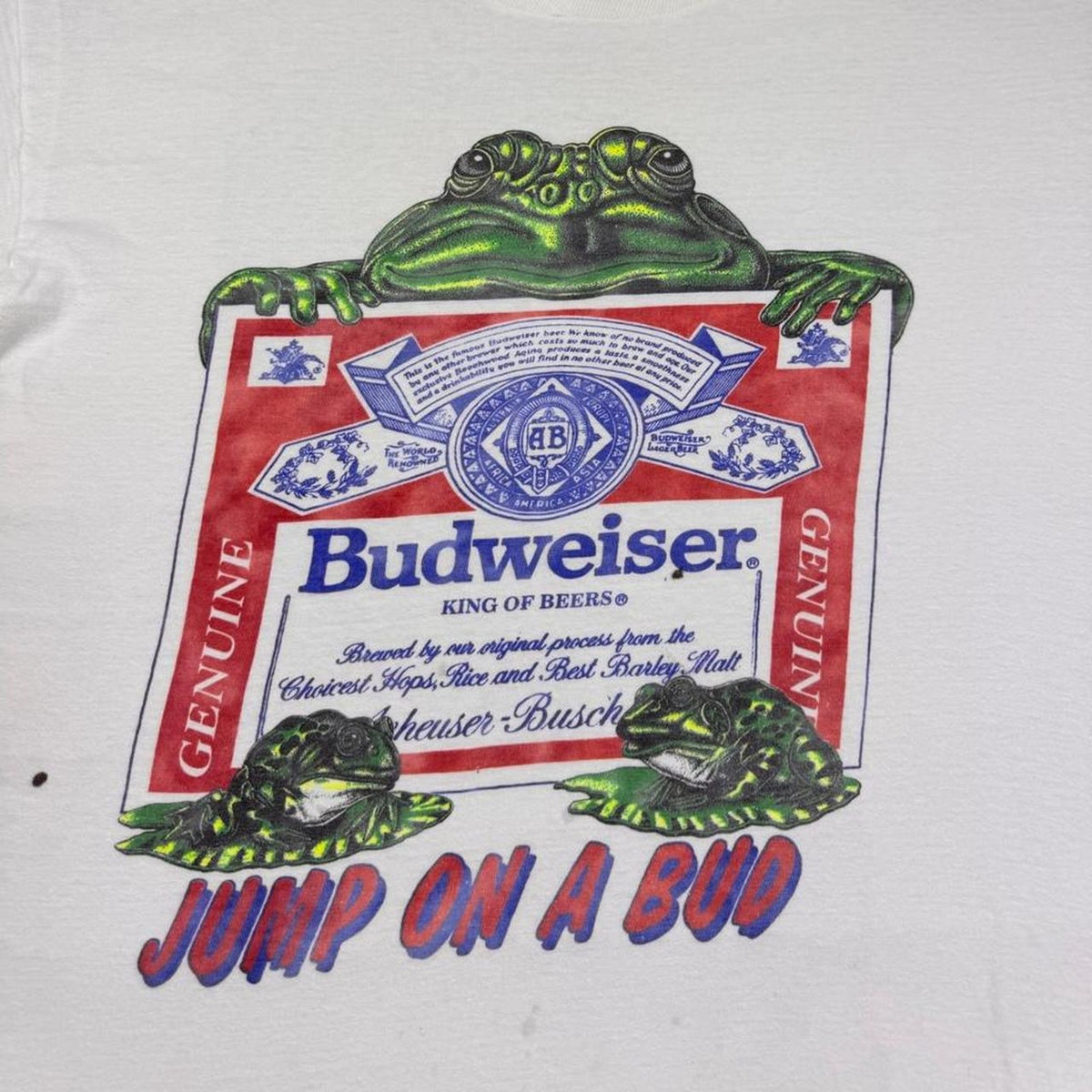 1990s Budweiser Jump On A Bud Frog Beer Graphic Tee | Large