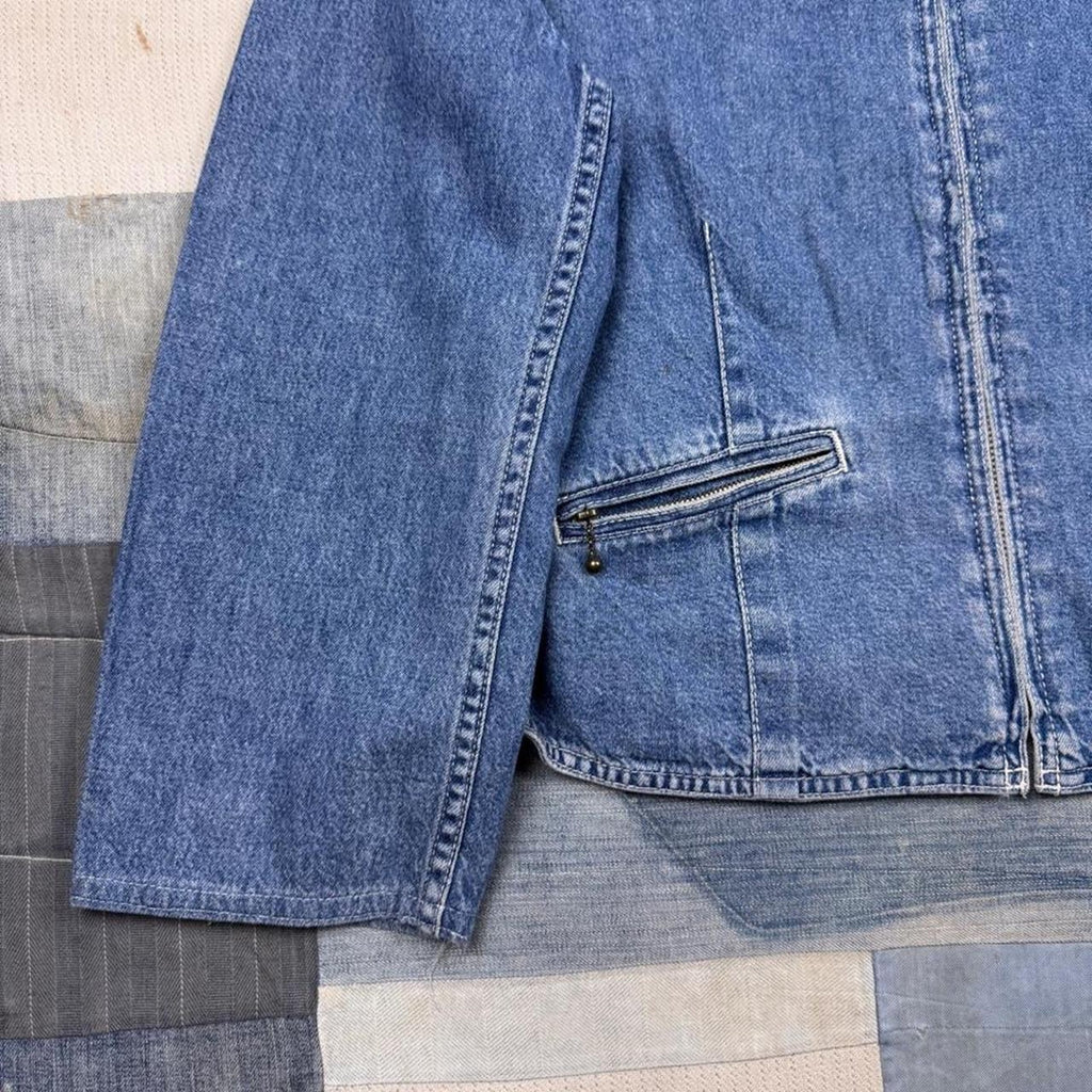 1990s Lizwear Petites Collarless Denim Zip Jacket | Medium