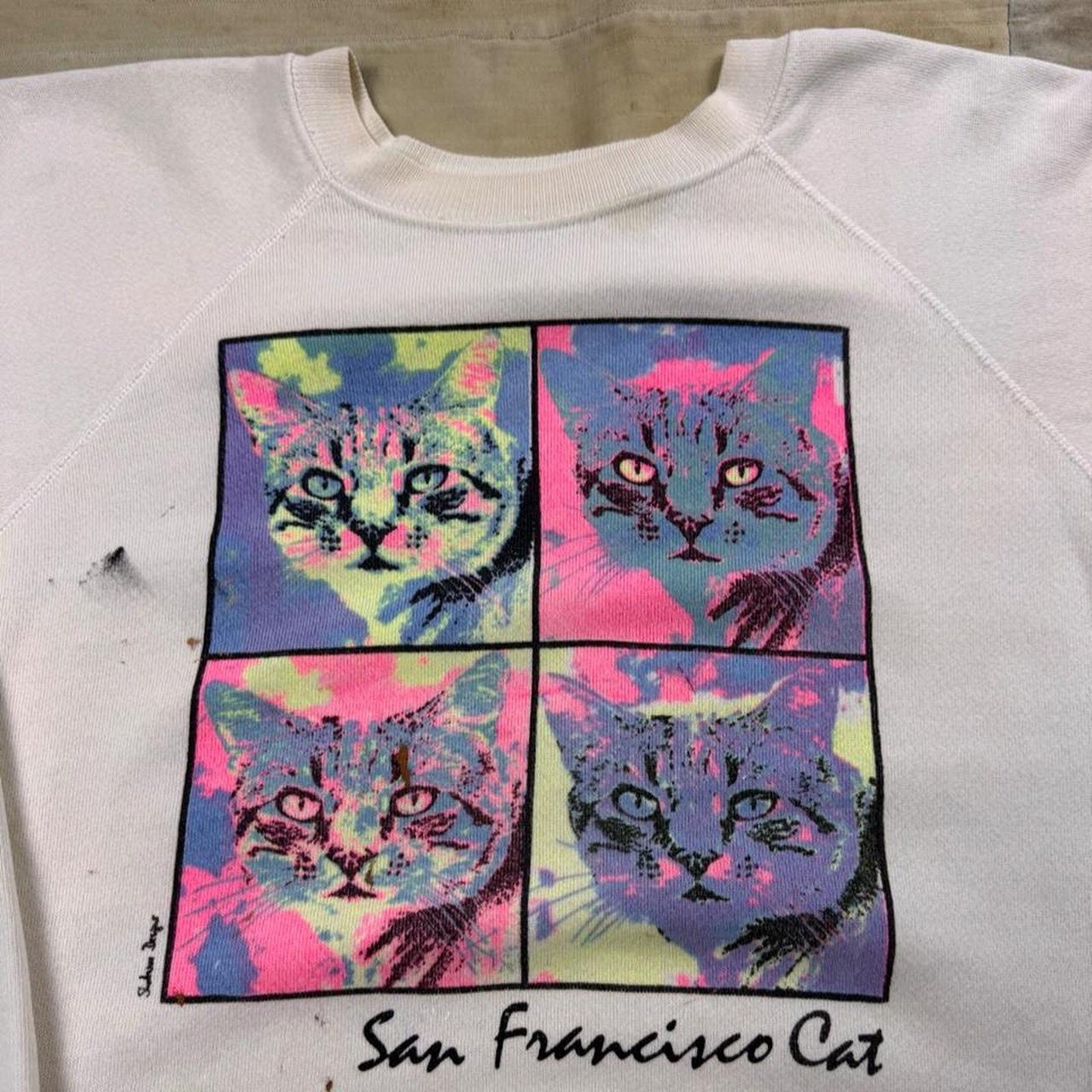1990s San Francisco Cat Pop Art Raglan Crewneck Sweatshirt | Large