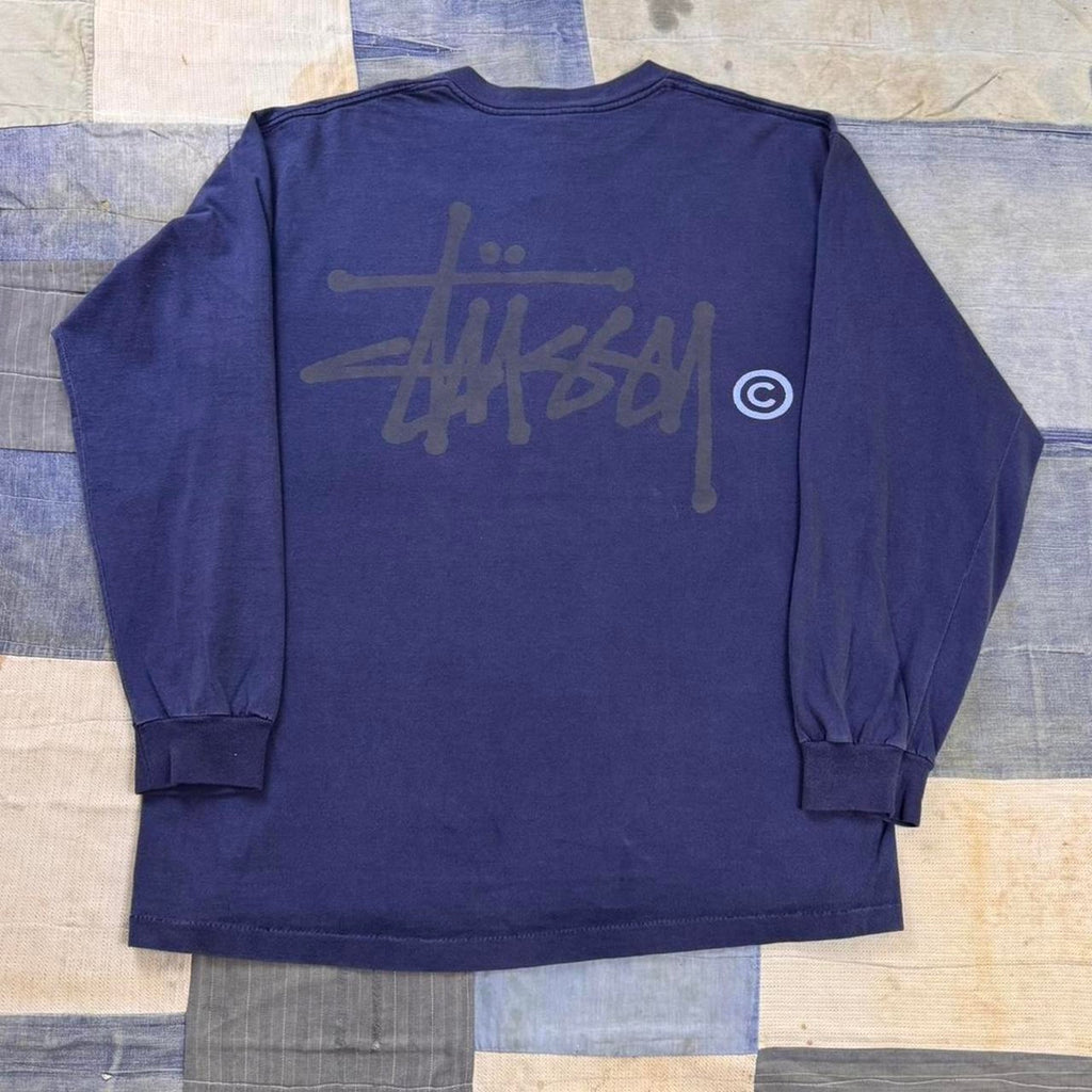 90’s Vintage Stüssy navy blue long sleeve shirt with gray Stüssy logo Size XL