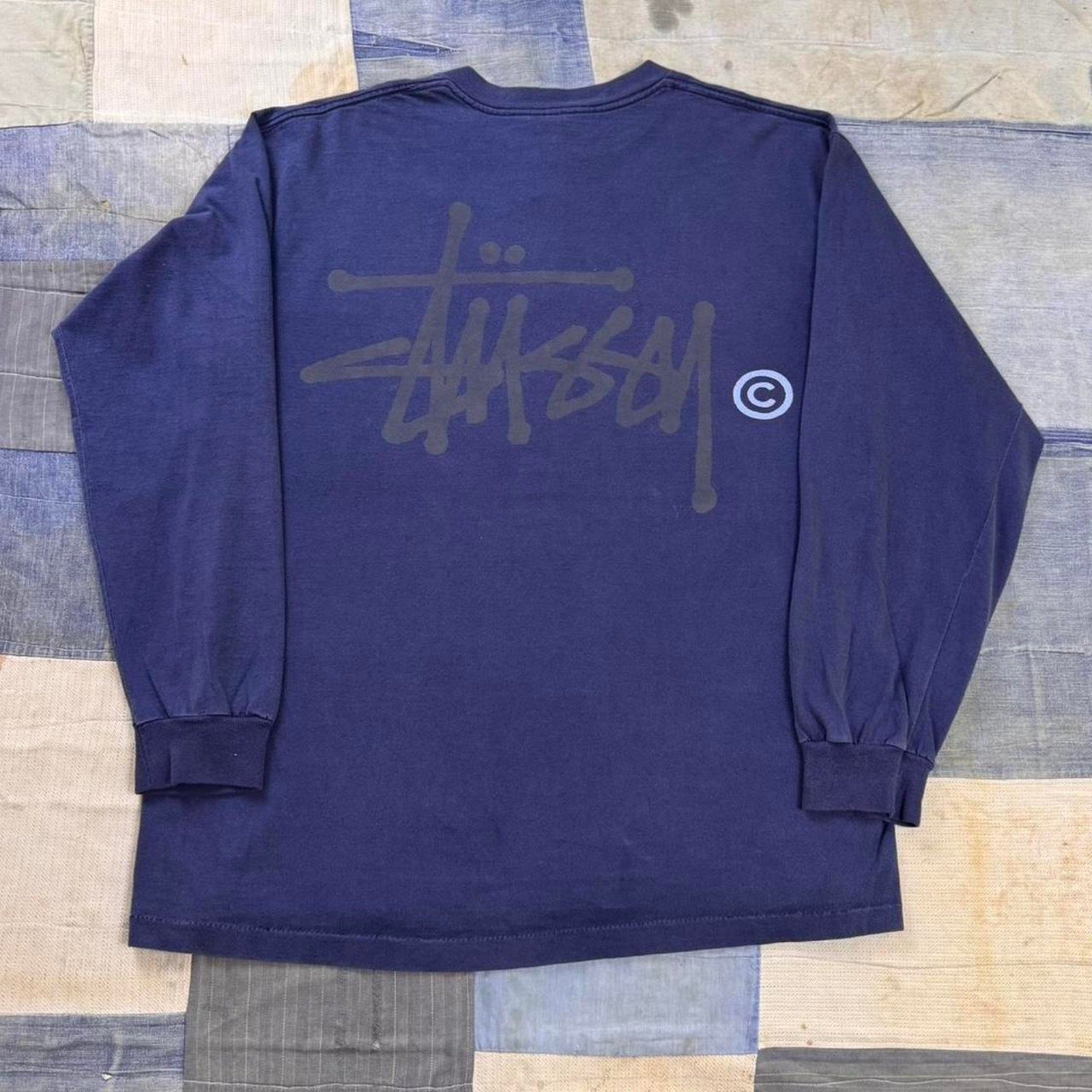 90’s Vintage Stüssy navy blue long sleeve shirt with gray Stüssy logo Size XL