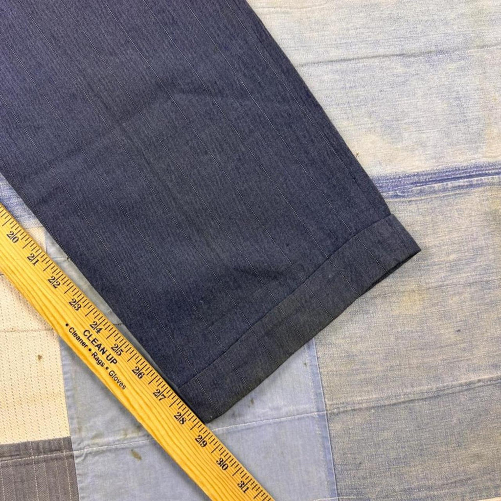 1940s Navy Blue Pinstripe Wool Button Fly Trousers | 32 x 29