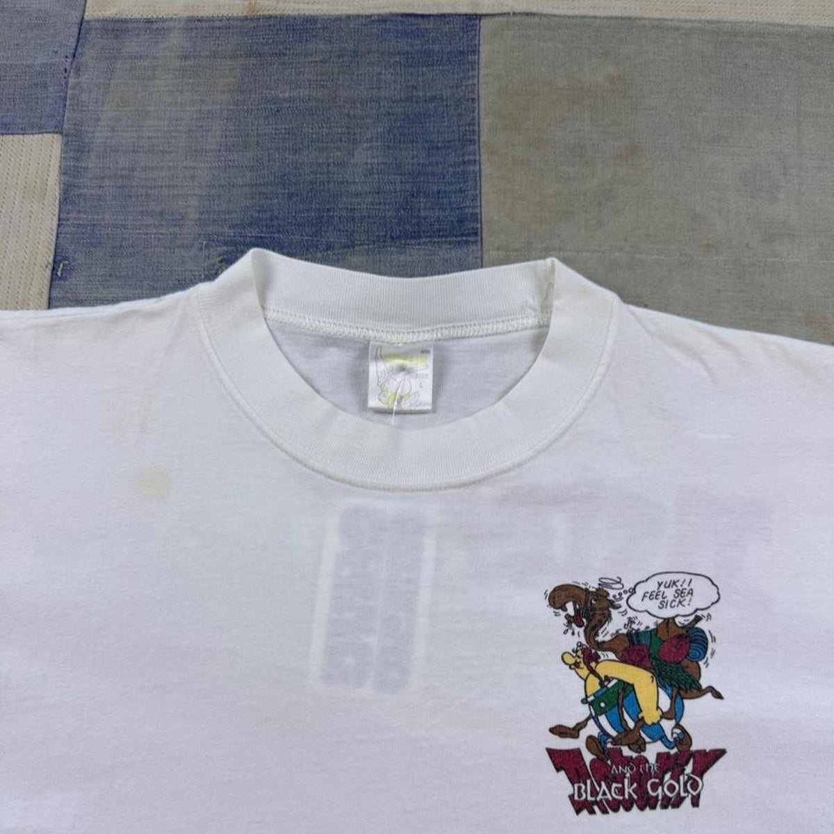 1990s Asterix and Obelix Black Gold Double-Sided Cartoon Tee | Large