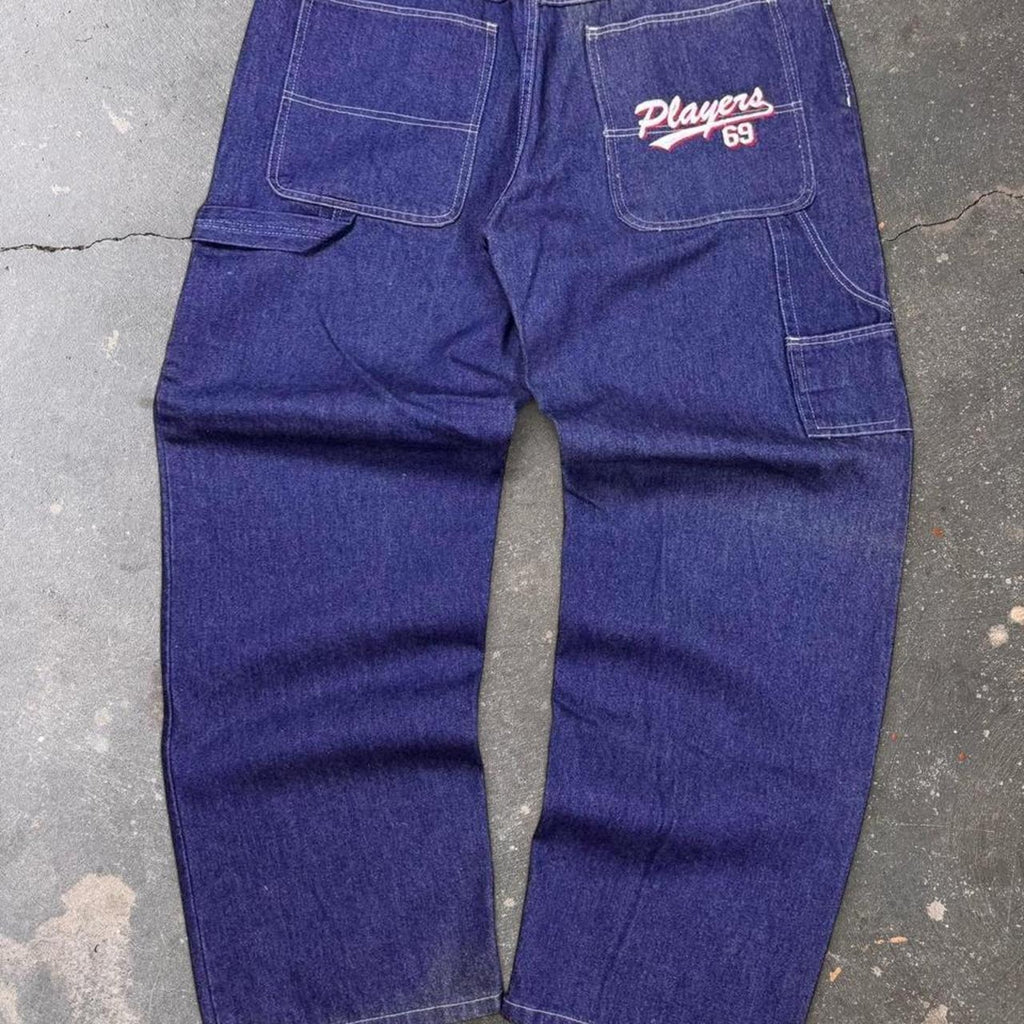 2000s Vintage wide leg Players 69 navy denim carpenter pants | 38x33
