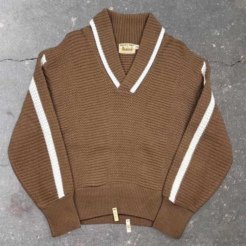 1960s Campus Bulky Knit Shawl Collar Wool Sweater Brown White Stripe | Medium
