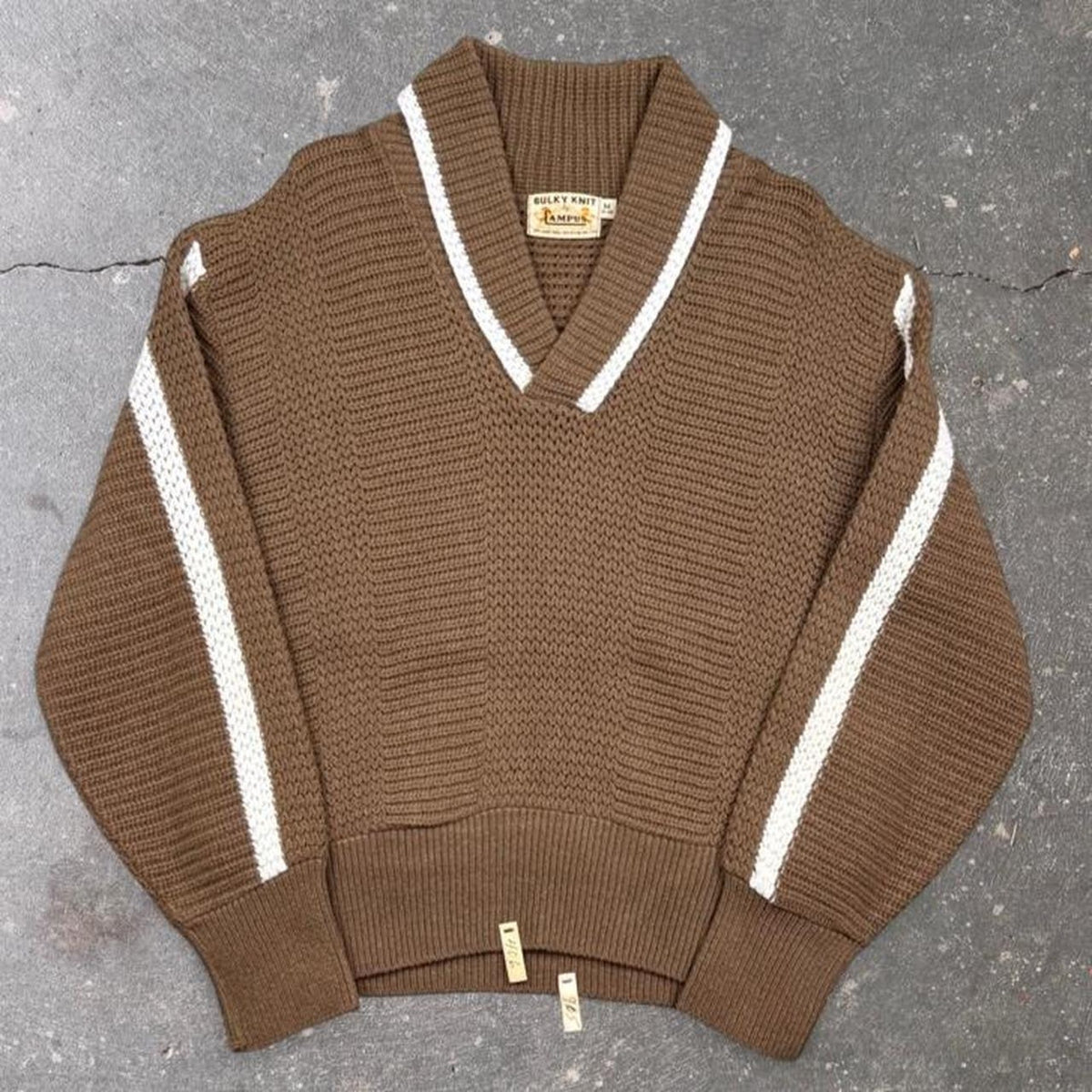 1960s Campus Bulky Knit Shawl Collar Wool Sweater Brown White Stripe | Medium