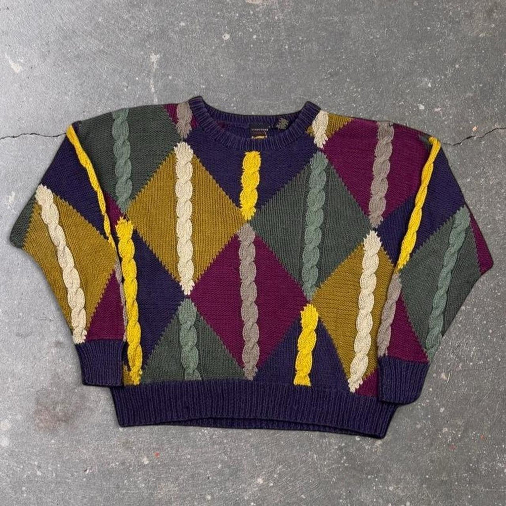 1990s Structure Hand Knit Sweater Multicolor Diamond Cable Knit Grandpa | M