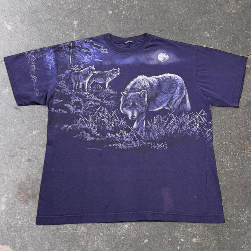 1990s Wolf Moon Forest All Over Print T Shirt | XL