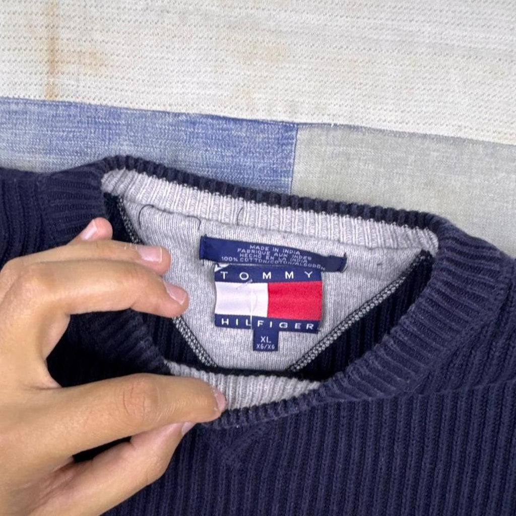 1990s Tommy Hilfiger Striped Crest Sweater Navy White | Extra Large