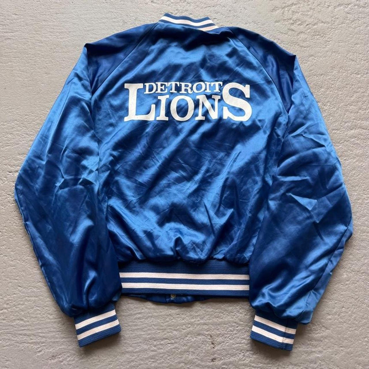 1980s Detroit Lions Chalk Line Satin NFL Bomber Jacket Made in USA | Large