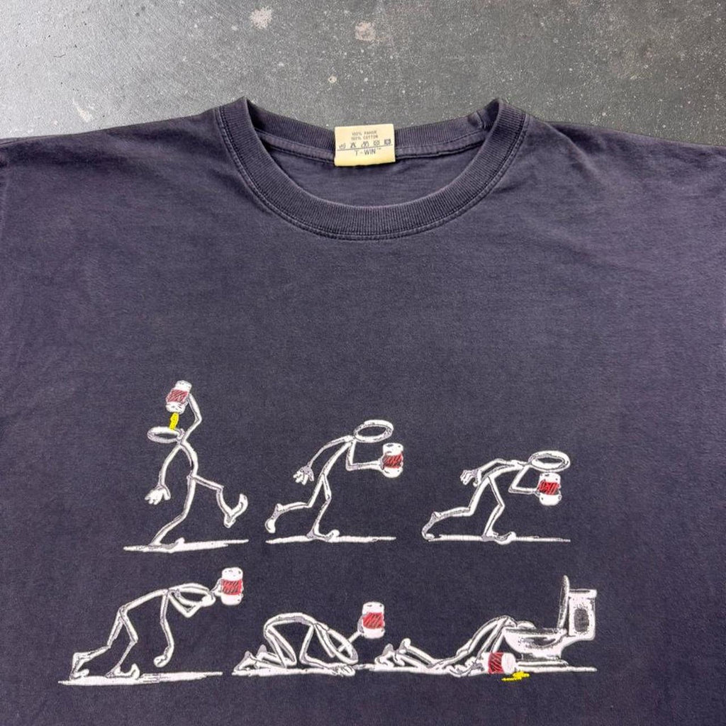 1990s Beer Drinking Evolution Stick Figure Graphic Tee | Large