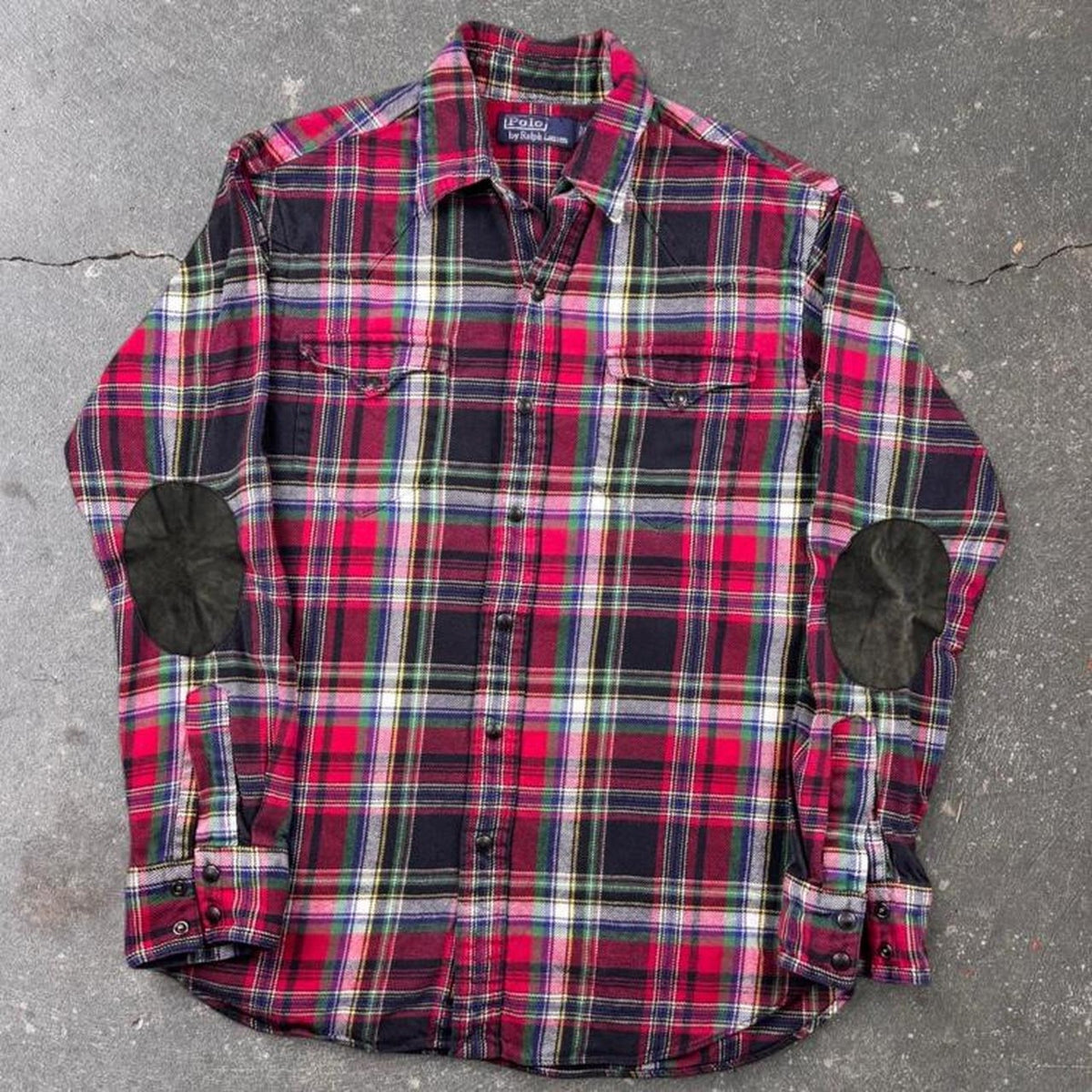 2000s Polo Ralph Lauren Tartan Plaid Flannel Western Shirt Suede Elbow Patches | Medium