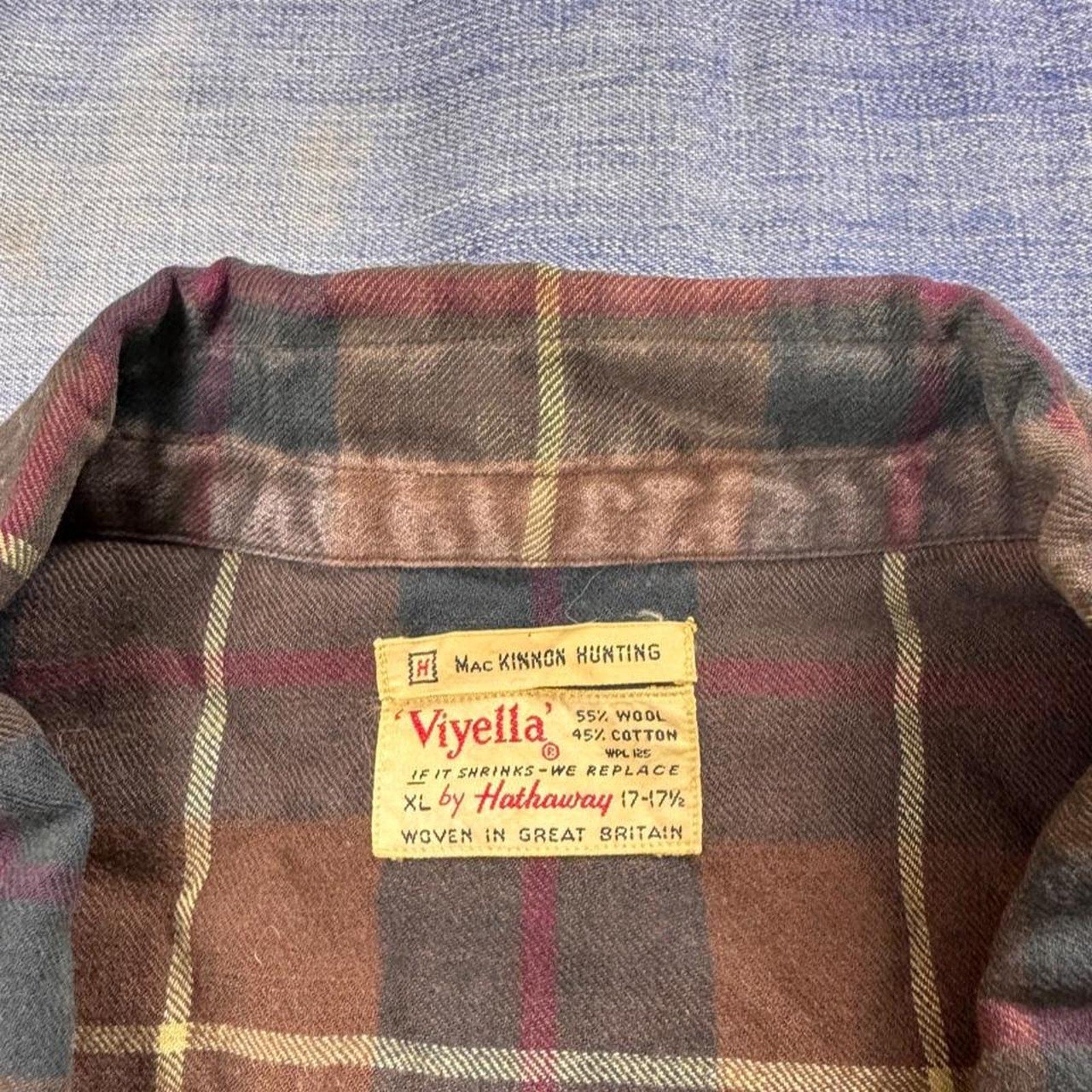 1960s Viyella by Hathaway MacKinnon Hunting Plaid Loop Collar Wool Shirt | XL