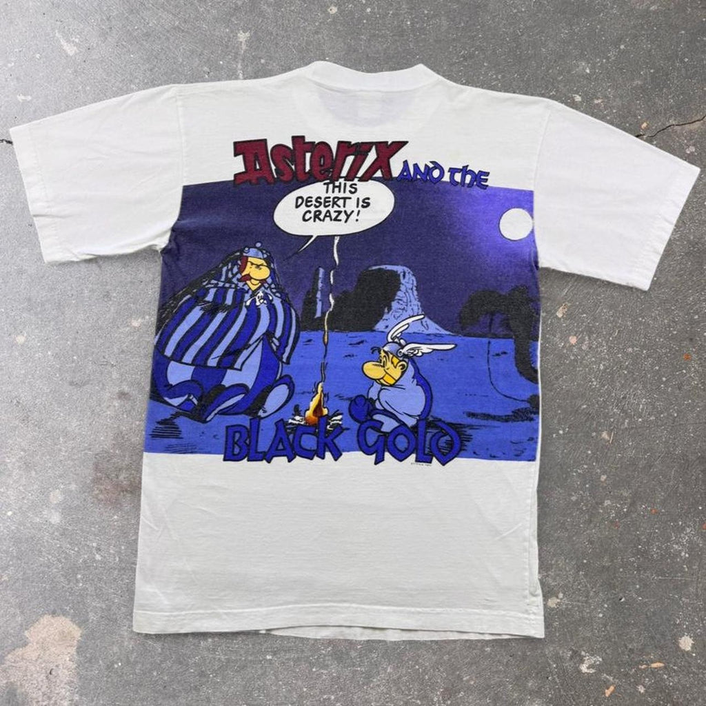 1990s Asterix and Obelix Black Gold Double-Sided Cartoon Tee | Large