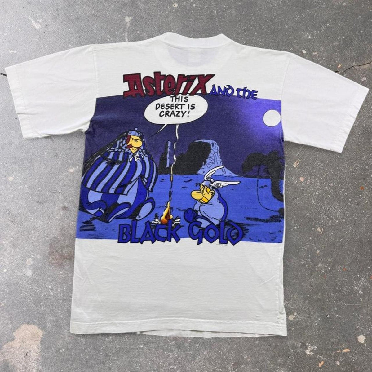 1990s Asterix and Obelix Black Gold Double-Sided Cartoon Tee | Large