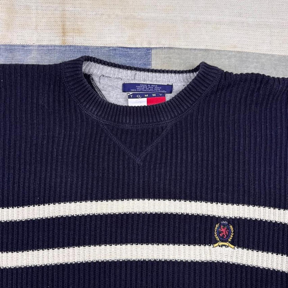 1990s Tommy Hilfiger Striped Crest Sweater Navy White | Extra Large