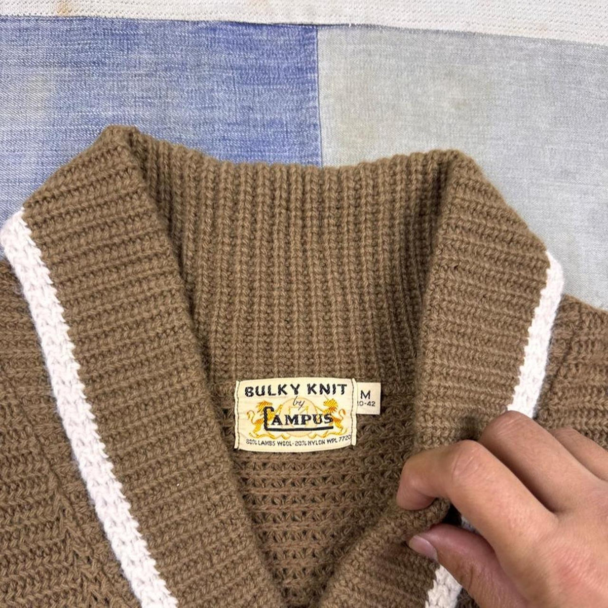 1960s Campus Bulky Knit Shawl Collar Wool Sweater Brown White Stripe | Medium