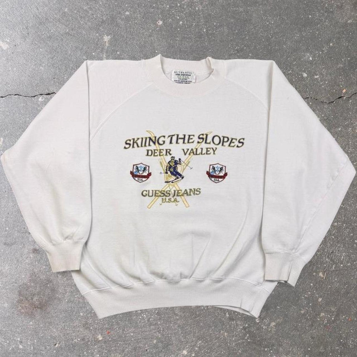 1990s Guess Jeans Deer Valley Skiing Graphic Sweatshirt | Medium